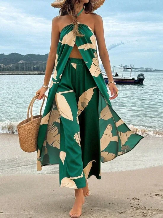 Dark Green Boho Women's Plant Print Halter Crop Top & Straight Leg Pants Set - Picture 4 of 6